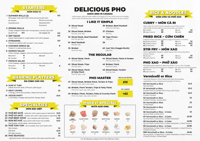 Delicious Pho Menu UK